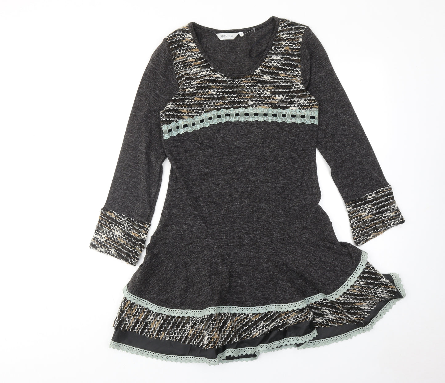 Preview Womens Grey Geometric Acrylic Jumper Dress Size S Scoop Neck Pullover