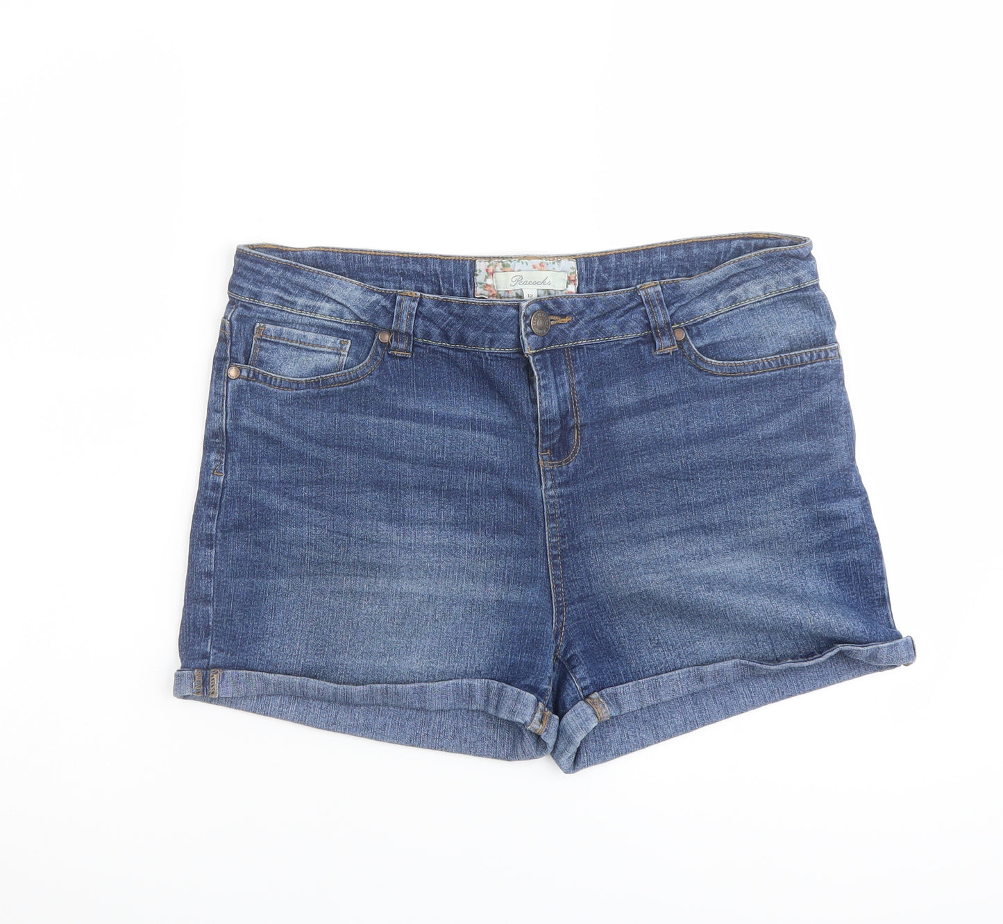 Peacocks Womens Blue Cotton Boyfriend Shorts Size 12 L3 in Regular Button