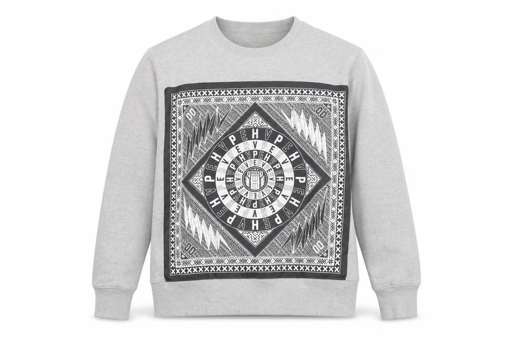 Front view of HVPE men’s grey cotton pullover sweatshirt, size S