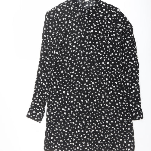 H&M Womens Black Floral Viscose Shirt Dress Size 8 Collared Button