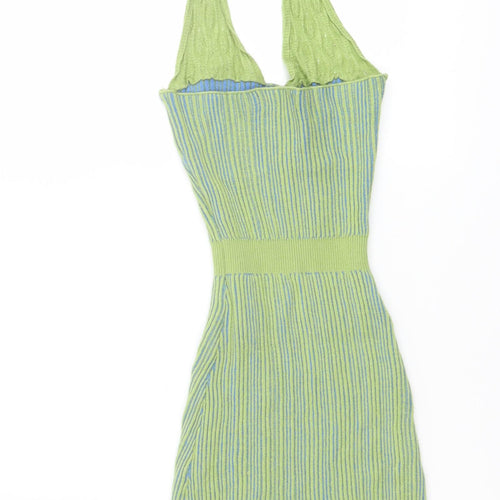 PRETTYLITTLETHING Womens Green Striped Viscose Bodycon Size 6 Halter Pullover