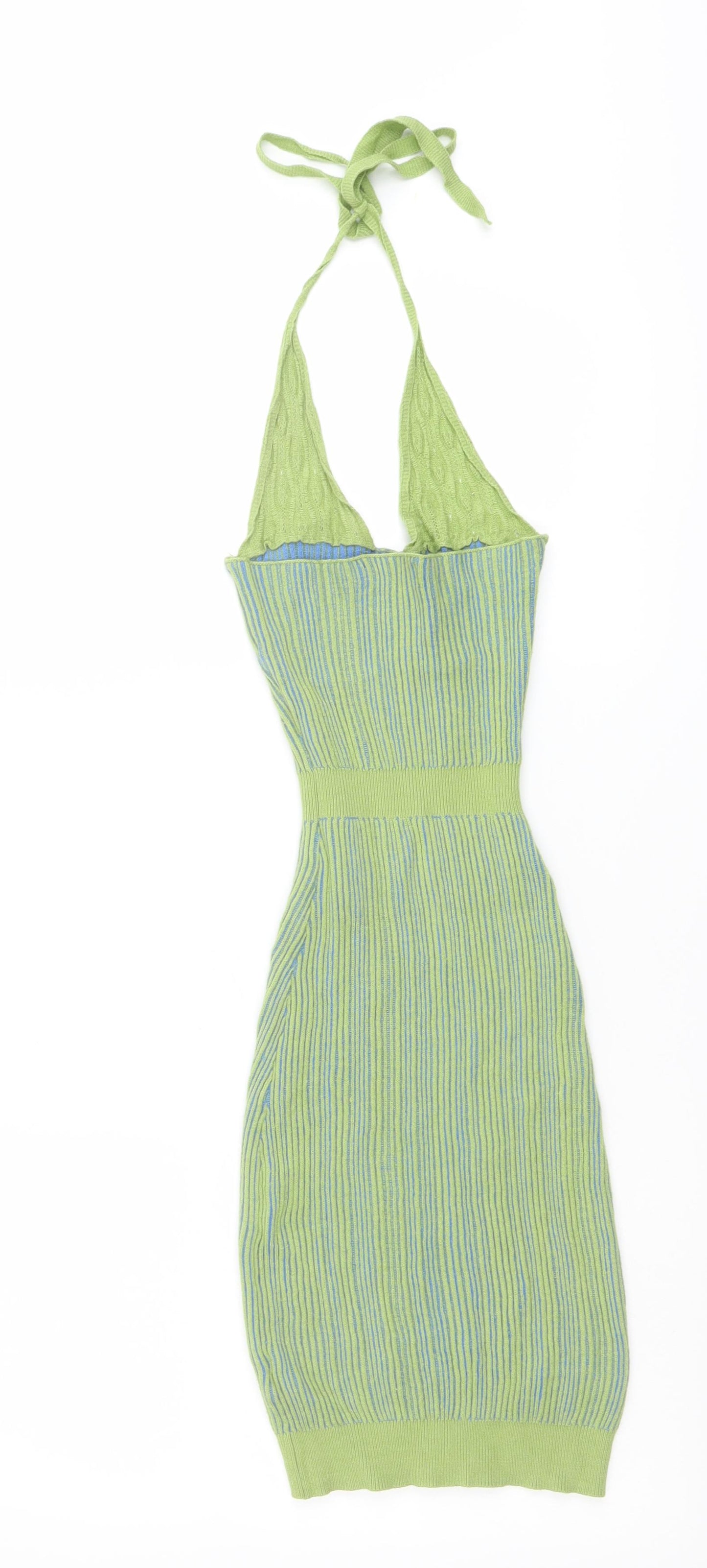 PRETTYLITTLETHING Womens Green Striped Viscose Bodycon Size 6 Halter Pullover