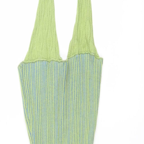 PRETTYLITTLETHING Womens Green Striped Viscose Bodycon Size 6 Halter Pullover