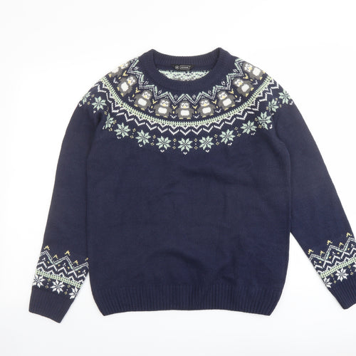 Avenue Womens Blue Round Neck Fair Isle Acrylic Pullover Jumper Size M