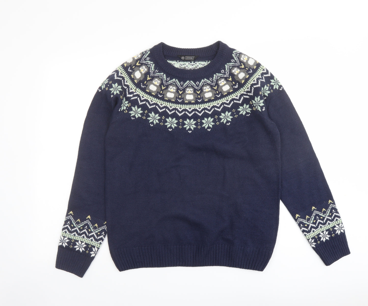 Avenue Womens Blue Round Neck Fair Isle Acrylic Pullover Jumper Size M