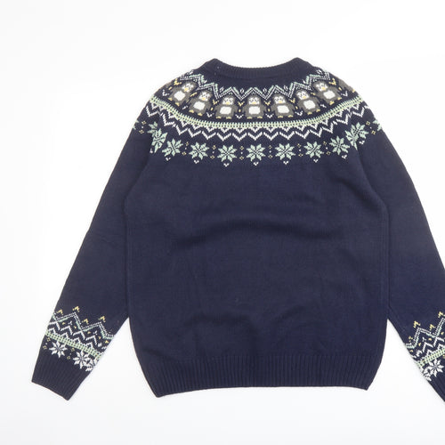 Avenue Womens Blue Round Neck Fair Isle Acrylic Pullover Jumper Size M