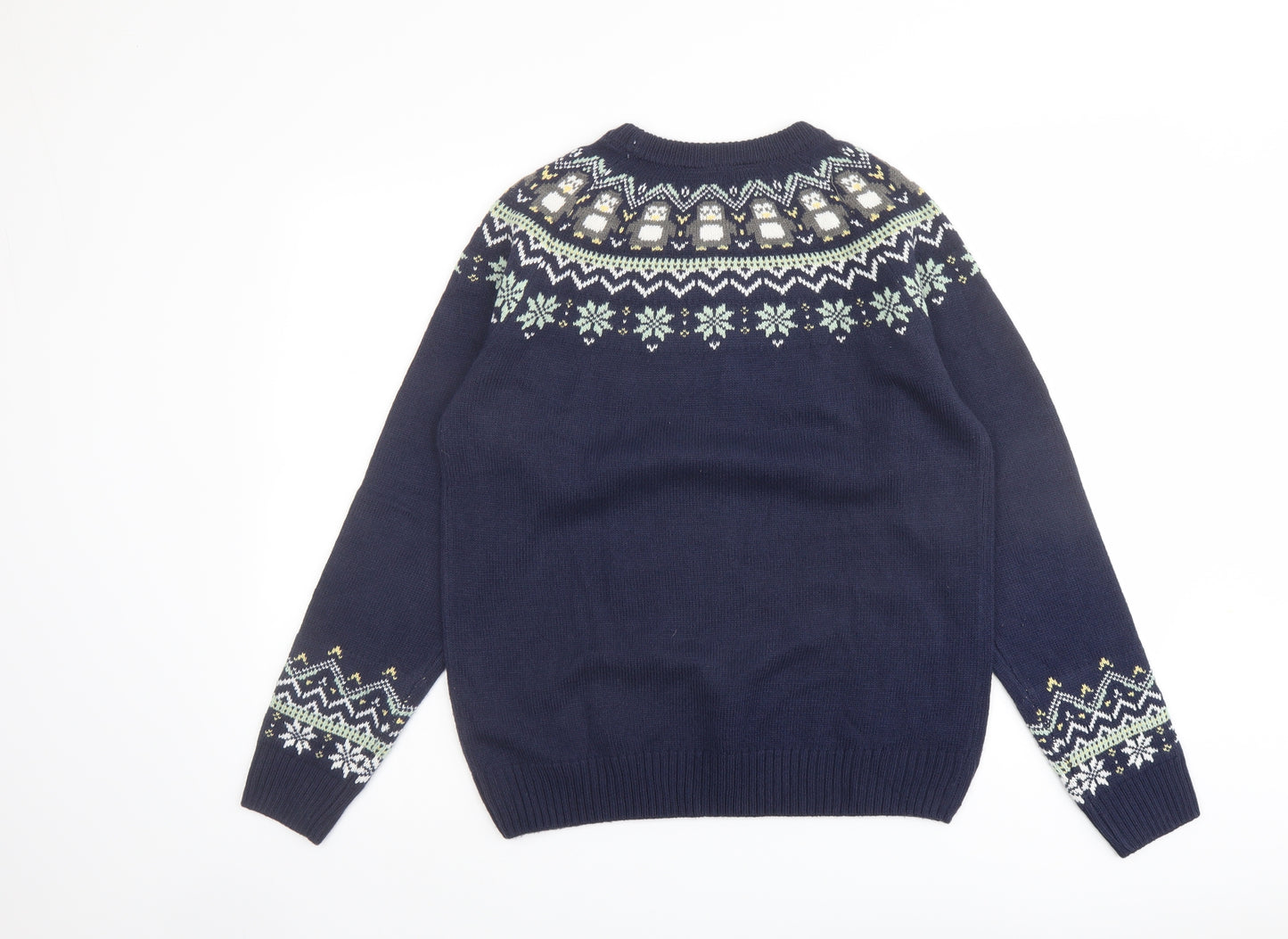 Avenue Womens Blue Round Neck Fair Isle Acrylic Pullover Jumper Size M