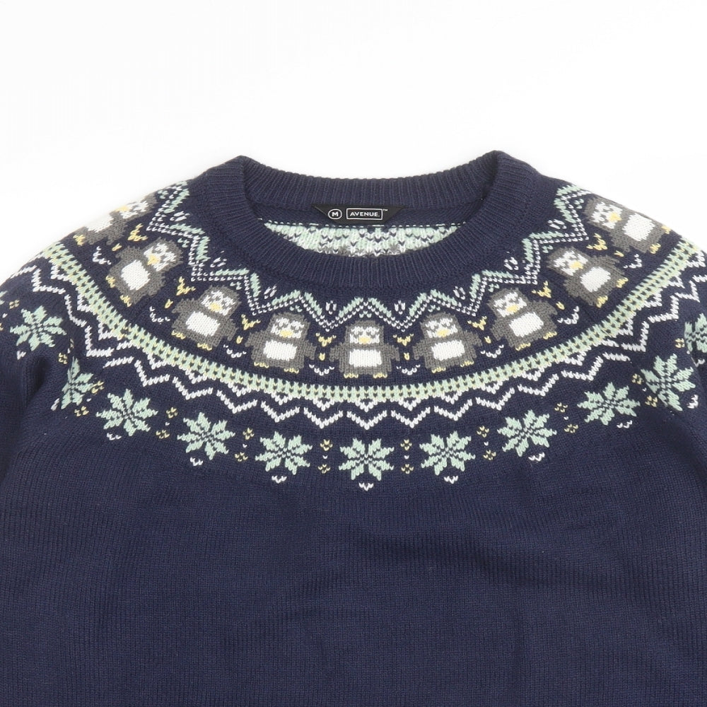 Avenue Womens Blue Round Neck Fair Isle Acrylic Pullover Jumper Size M