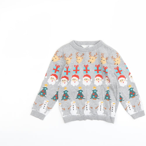 H&M Boys Grey Round Neck Geometric Cotton Pullover Jumper Size 2-3 Years Pullover - Christmas