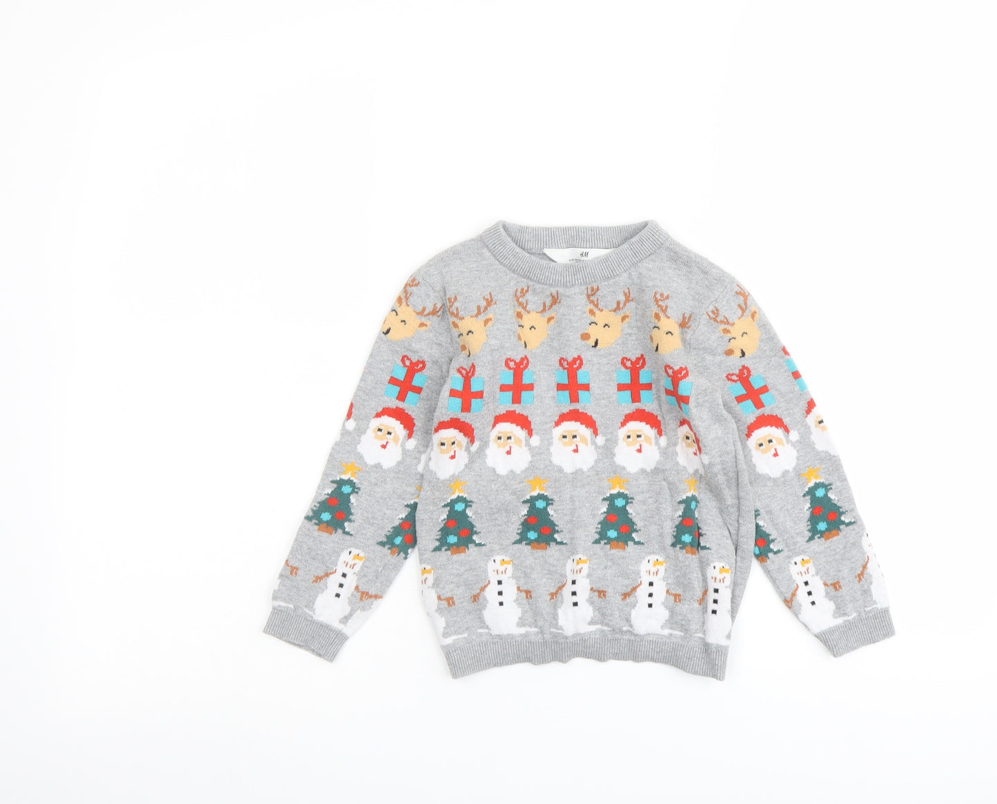 H&M Boys Grey Round Neck Geometric Cotton Pullover Jumper Size 2-3 Years Pullover - Christmas