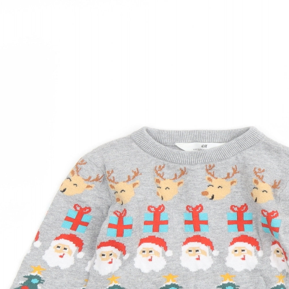 H&M Boys Grey Round Neck Geometric Cotton Pullover Jumper Size 2-3 Years Pullover - Christmas