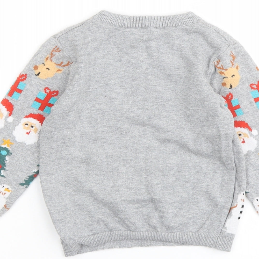 H&M Boys Grey Round Neck Geometric Cotton Pullover Jumper Size 2-3 Years Pullover - Christmas