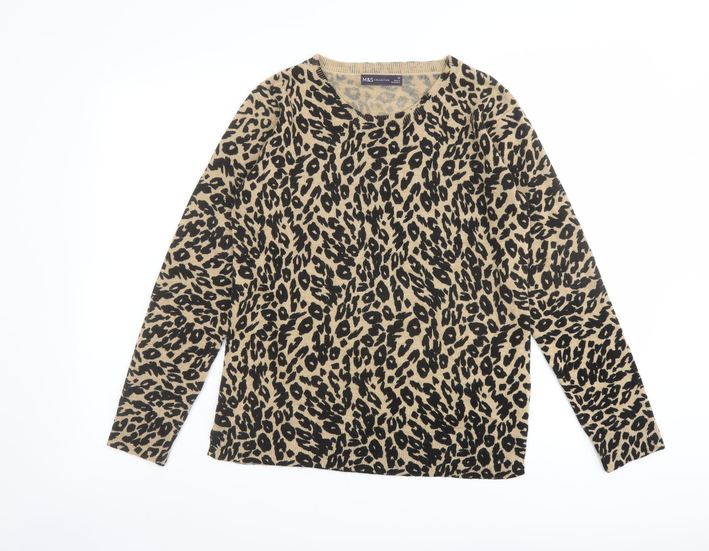 Marks and Spencer Womens Brown Round Neck Animal Print Acrylic Pullover Jumper Size 10 - Leopard Print