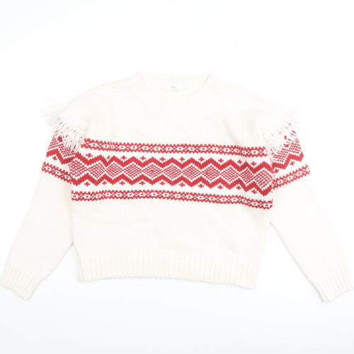 Marks and Spencer Girls Ivory Round Neck Fair Isle Acrylic Pullover Jumper Size 11-12 Years Pullover