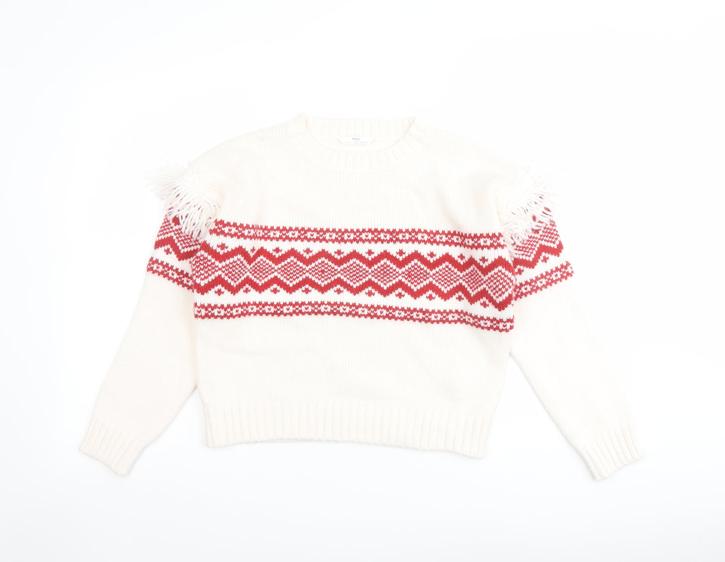Marks and Spencer Girls Ivory Round Neck Fair Isle Acrylic Pullover Jumper Size 11-12 Years Pullover