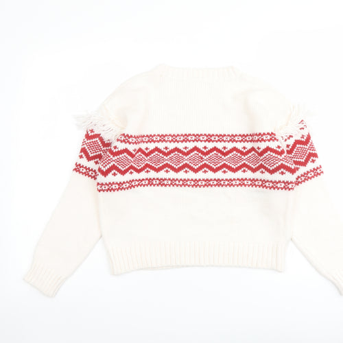 Marks and Spencer Girls Ivory Round Neck Fair Isle Acrylic Pullover Jumper Size 11-12 Years Pullover