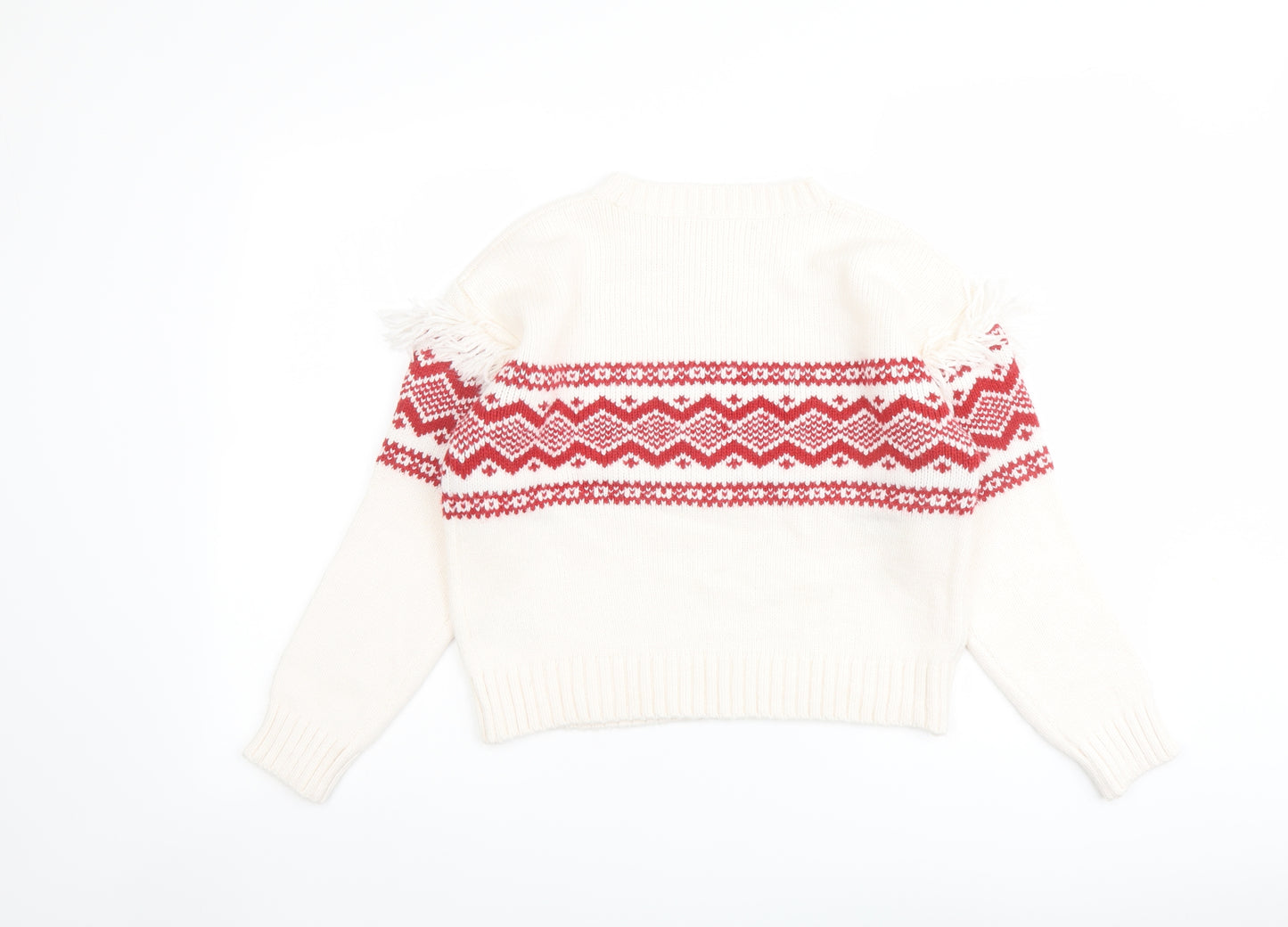 Marks and Spencer Girls Ivory Round Neck Fair Isle Acrylic Pullover Jumper Size 11-12 Years Pullover