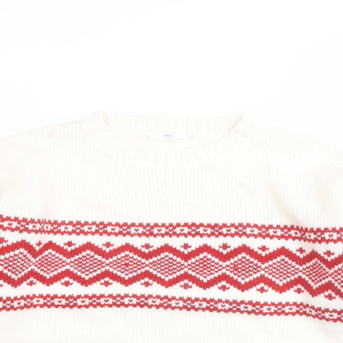 Marks and Spencer Girls Ivory Round Neck Fair Isle Acrylic Pullover Jumper Size 11-12 Years Pullover