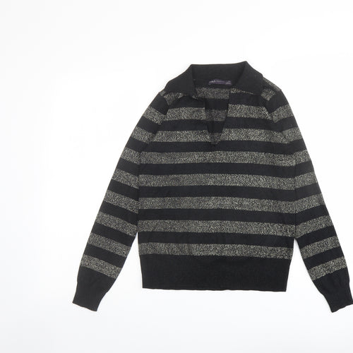Marks and Spencer Womens Black Collared Striped Viscose Pullover Jumper Size XS
