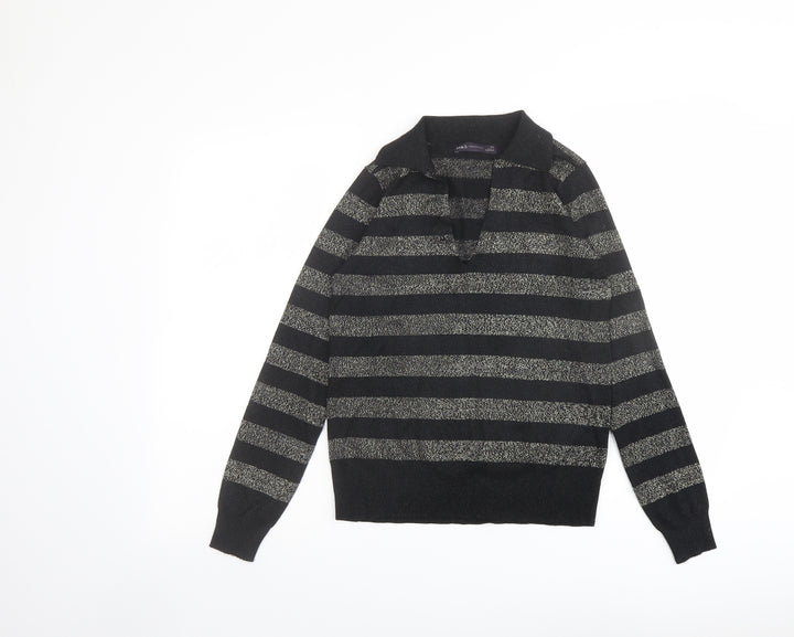 Marks and Spencer Womens Black Collared Striped Viscose Pullover Jumper Size XS