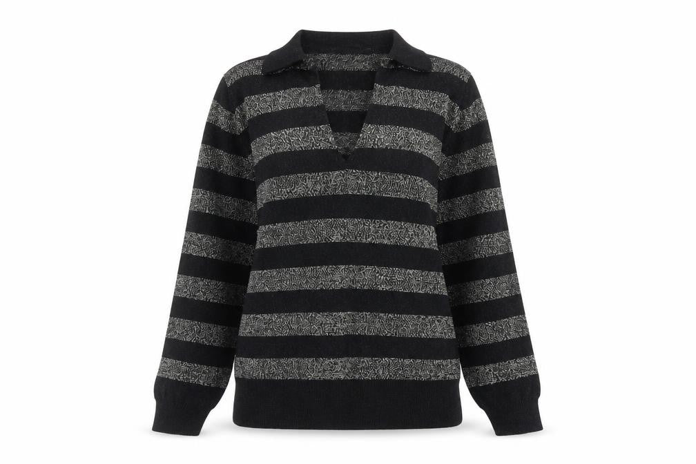 Front view of Marks & Spencer women’s black collared striped viscose jumper, size XS