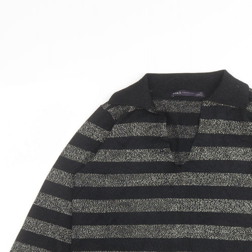 Marks and Spencer Womens Black Collared Striped Viscose Pullover Jumper Size XS