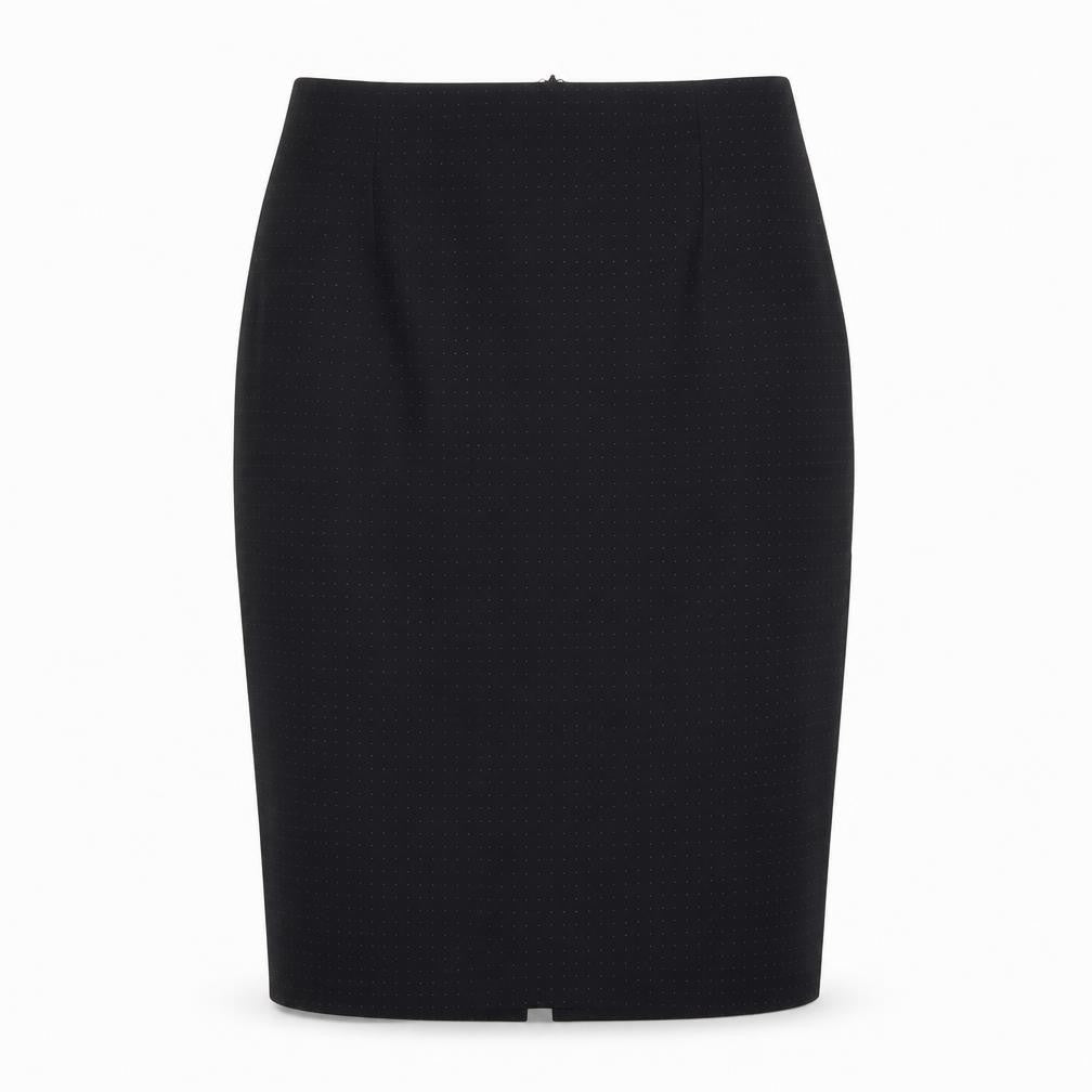 Front view of Warehouse women’s black polka dot polyester a-line skirt, size UK 6, zip