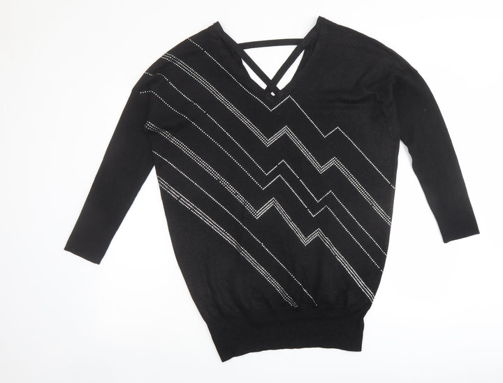 Star Womens Black V-Neck Viscose Pullover Jumper Size 12