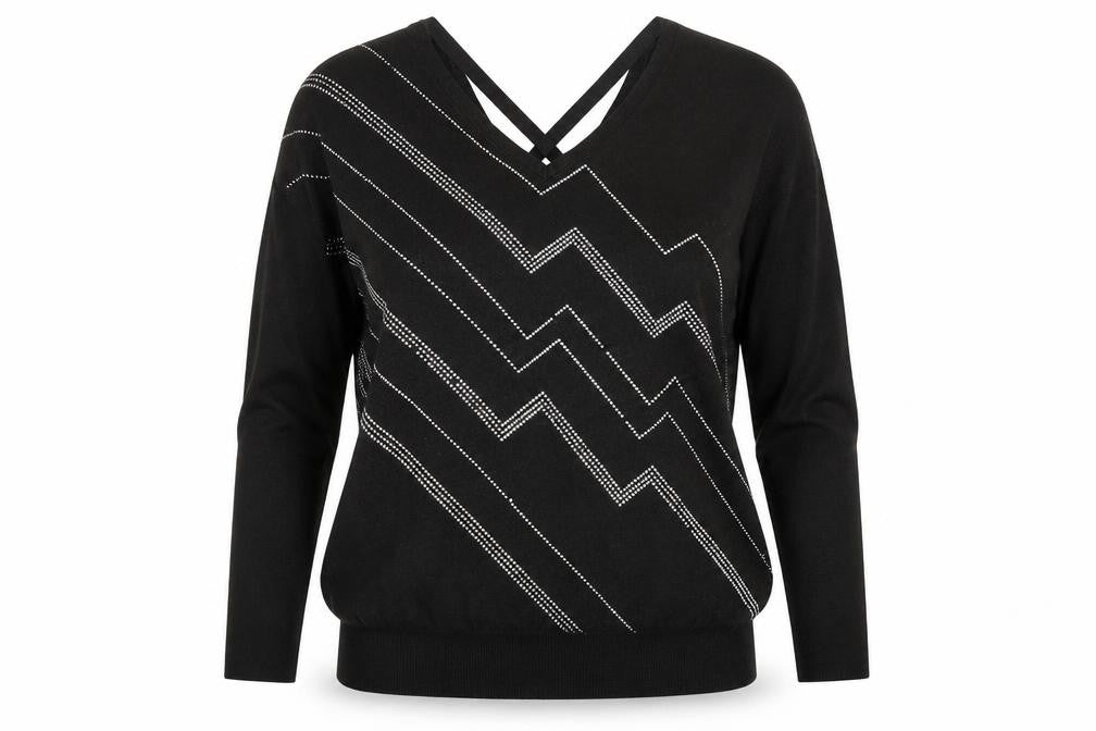 Front view of Star women’s black v-neck viscose jumper, size UK 12