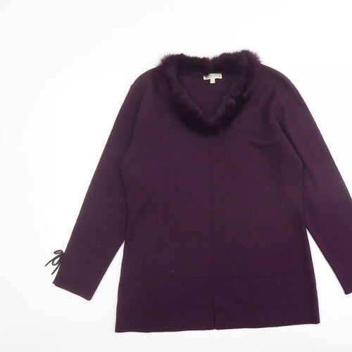Alterna Womens Purple V-Neck Acrylic Pullover Jumper Size 12 - Feather detail