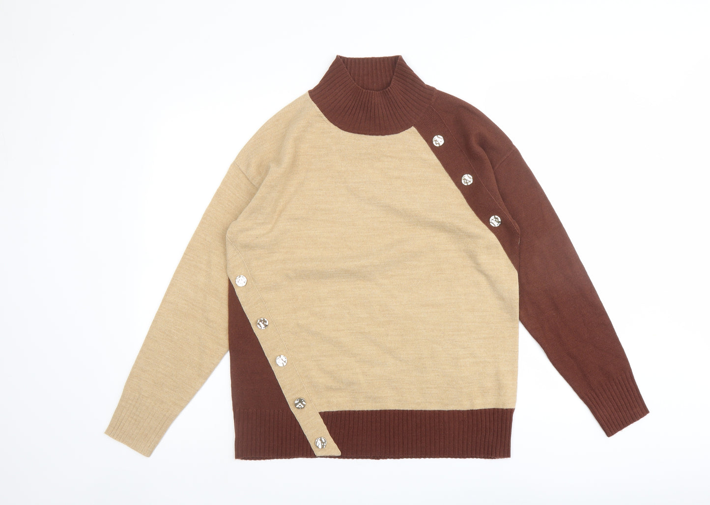 NEXT Womens Beige Mock Neck Acrylic Pullover Jumper Size S - Colourblock