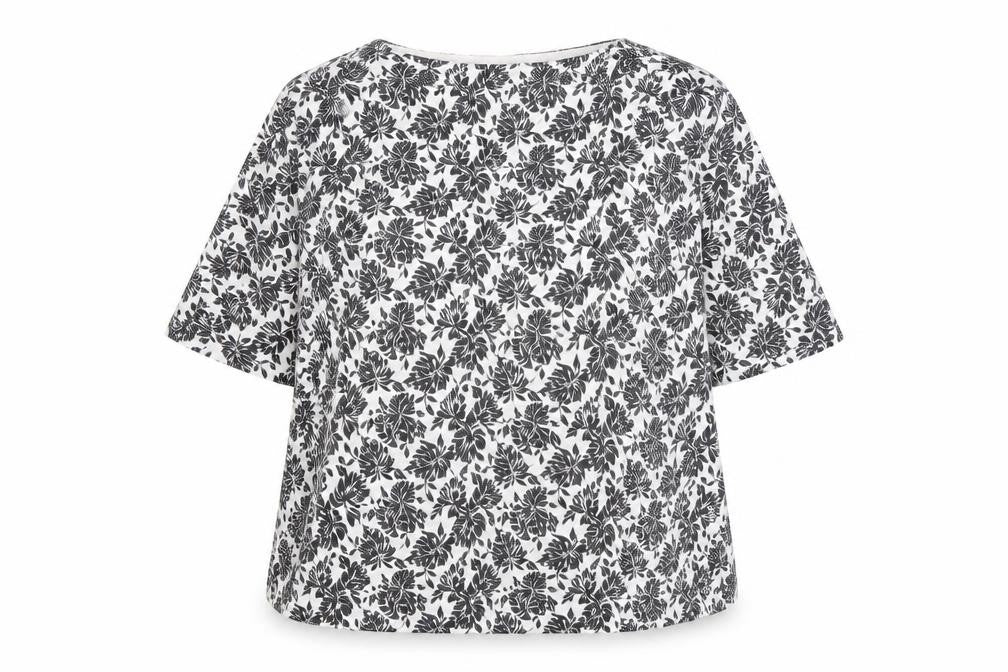 Front view of Marks & Spencer women’s black geometric cotton basic blouse, size UK 16, round neck