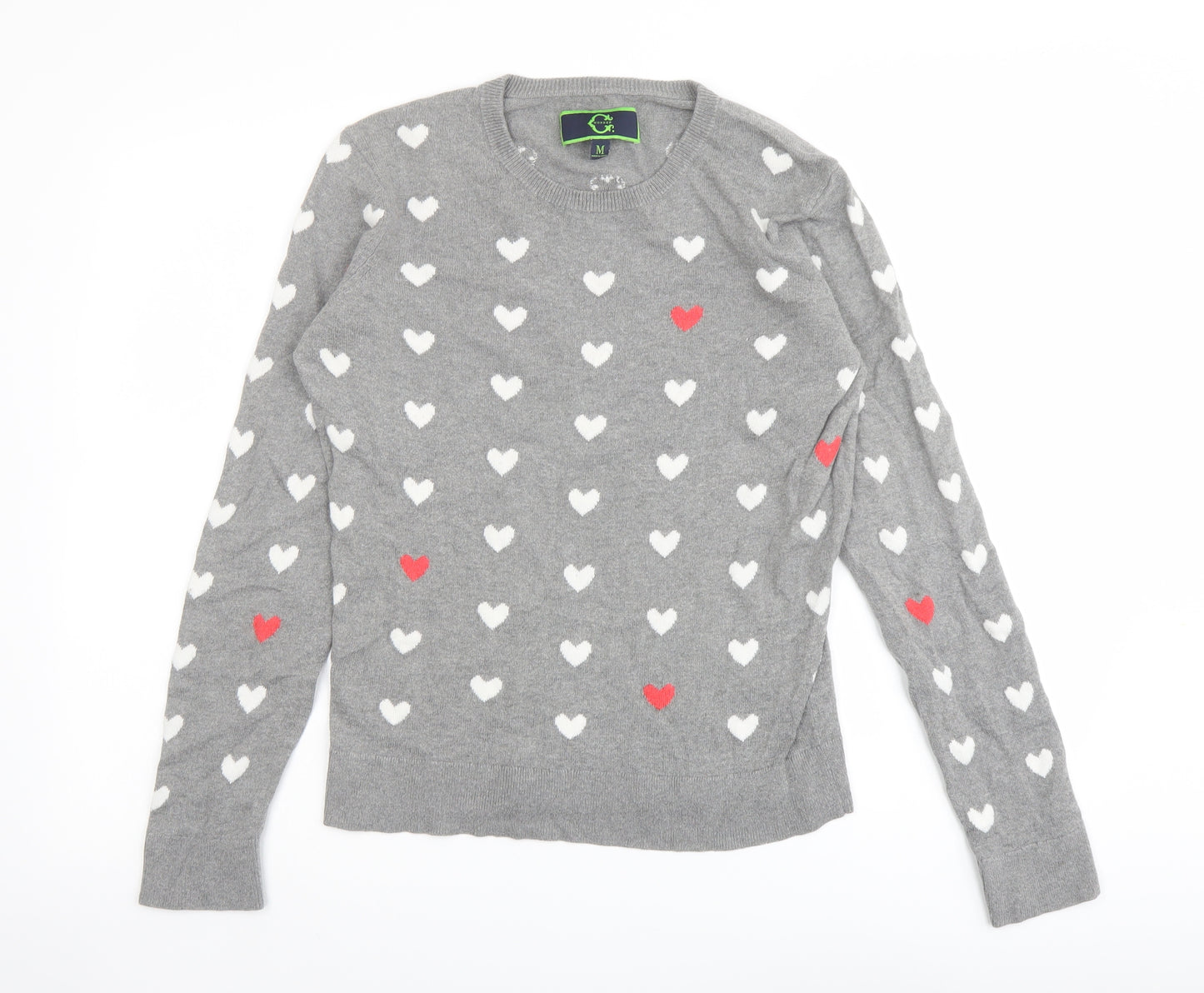 C. Wonder Womens Grey Round Neck Geometric Cotton Pullover Jumper Size M - Heart pattern