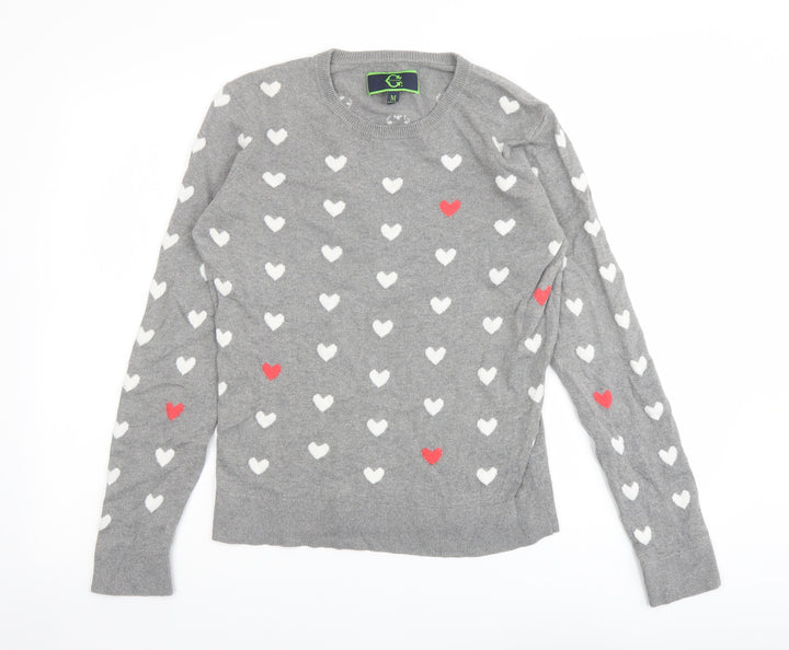C. Wonder Womens Grey Round Neck Geometric Cotton Pullover Jumper Size M - Heart pattern