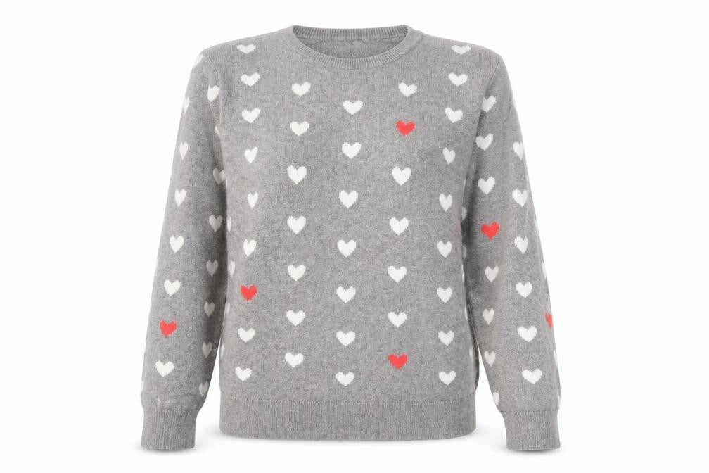 Front view of C. Wonder women’s grey round neck geometric cotton jumper, size M, - heart pattern