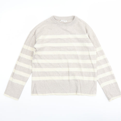 Mango Girls Beige Round Neck Striped Acrylic Pullover Jumper Size 9-10 Years Pullover