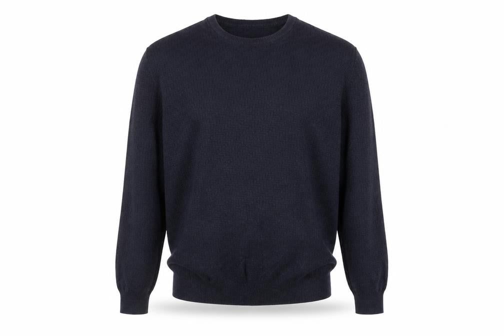 Front view of Very men’s blue round neck geometric cotton jumper, size M, long sleeve