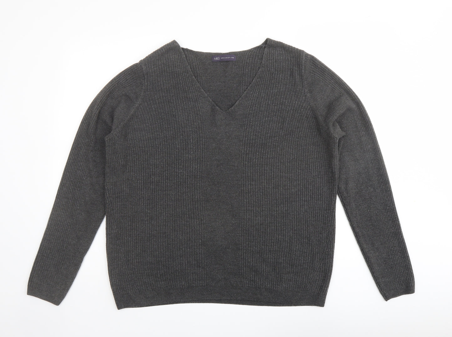 Marks and Spencer Womens Grey V-Neck Acrylic Pullover Jumper Size 18
