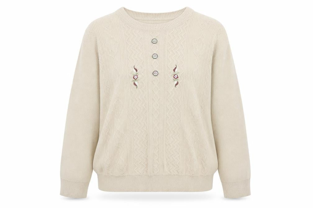 Front view of Anne Smith women’s beige round neck acrylic jumper, size L