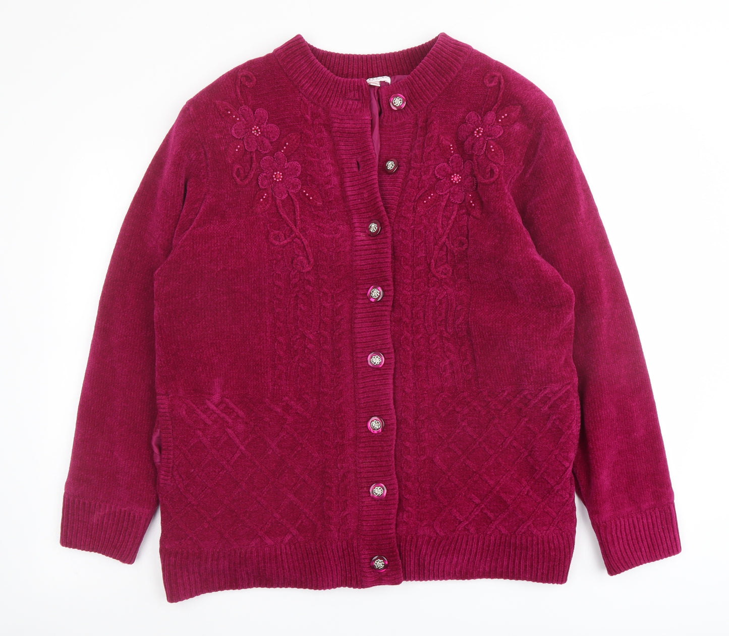 Reflect Womens Purple Round Neck Acrylic Cardigan Jumper Size L - Flower detail