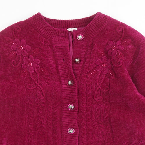 Reflect Womens Purple Round Neck Acrylic Cardigan Jumper Size L - Flower detail