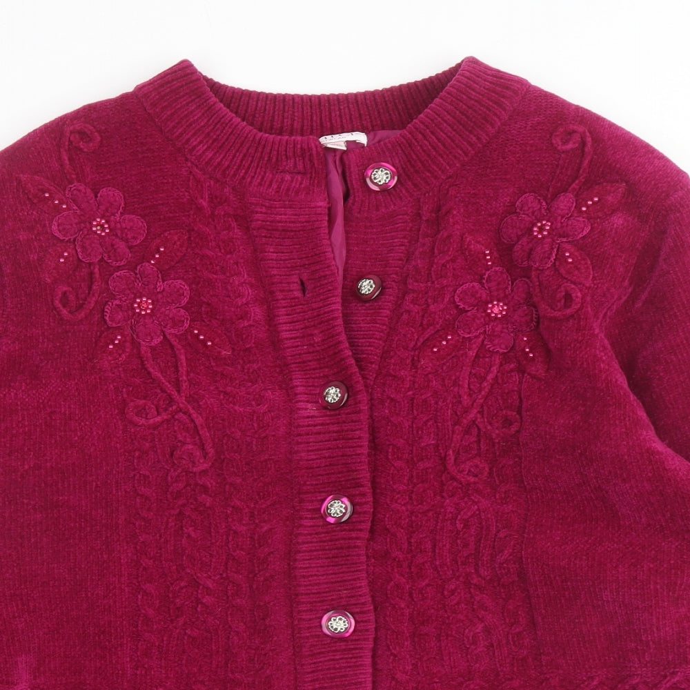 Reflect Womens Purple Round Neck Acrylic Cardigan Jumper Size L - Flower detail