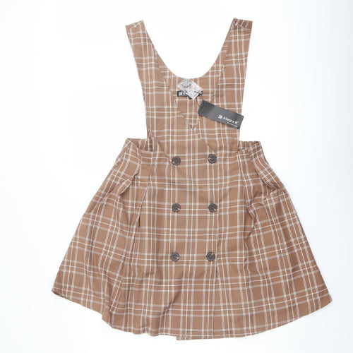 Allegra K Womens Beige Plaid Polyester Pinafore/Dungaree Dress Size S V-Neck Pullover