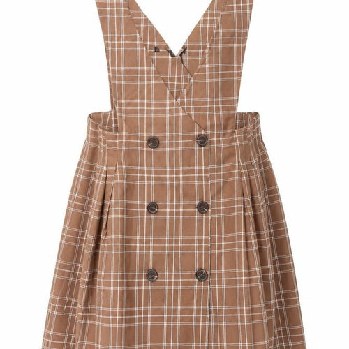 Allegra K Womens Beige Plaid Polyester Pinafore/Dungaree Dress Size S V-Neck Pullover