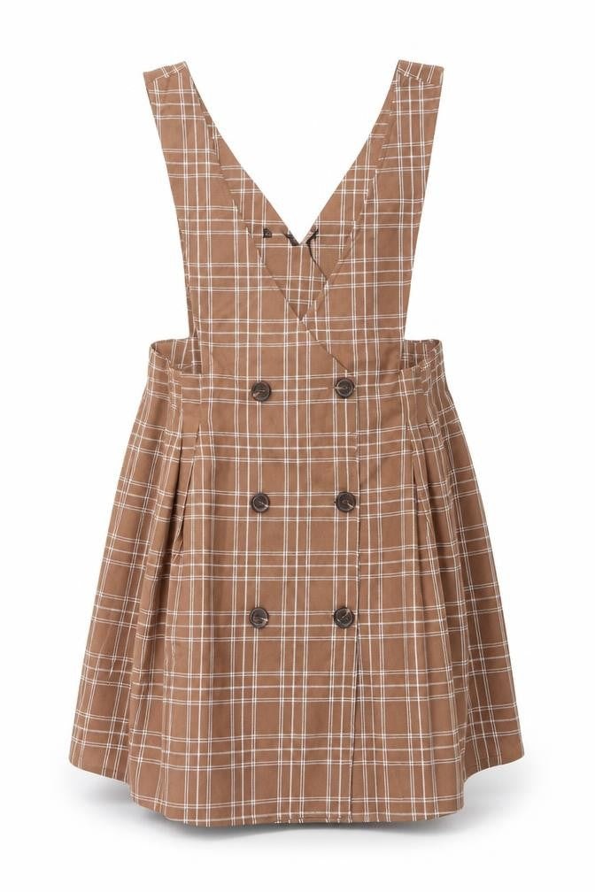 Allegra K Womens Beige Plaid Polyester Pinafore/Dungaree Dress Size S V-Neck Pullover