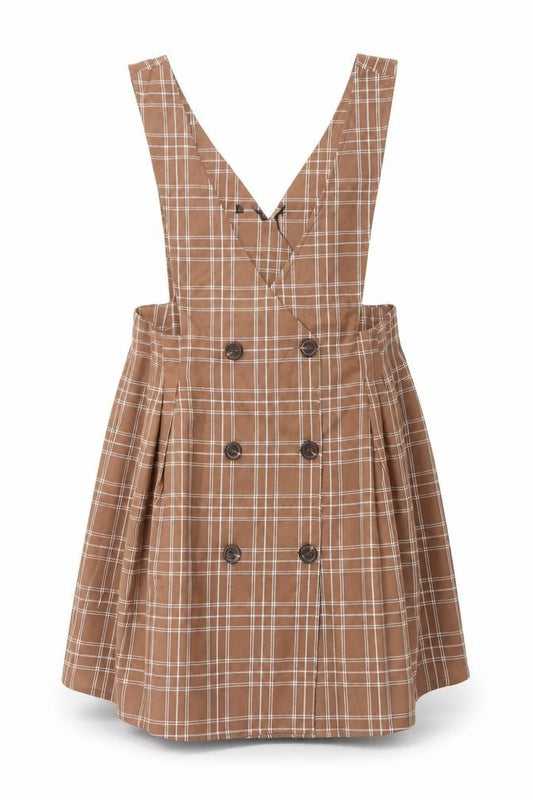 Front view of Allegra K women’s beige plaid polyester pinafore/dungaree dress, size S, v-neck pullover