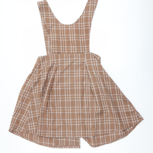 Allegra K Womens Beige Plaid Polyester Pinafore/Dungaree Dress Size S V-Neck Pullover