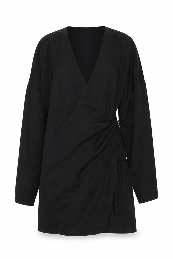 Front view of Zara women’s black polyester wrap dress, size S, v-neck pullover
