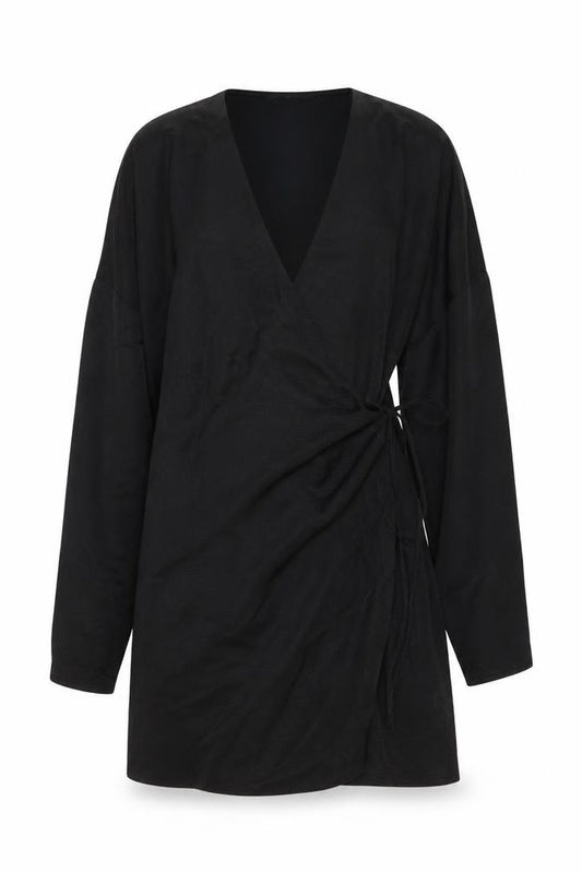 Front view of Zara women’s black polyester wrap dress, size S, v-neck pullover