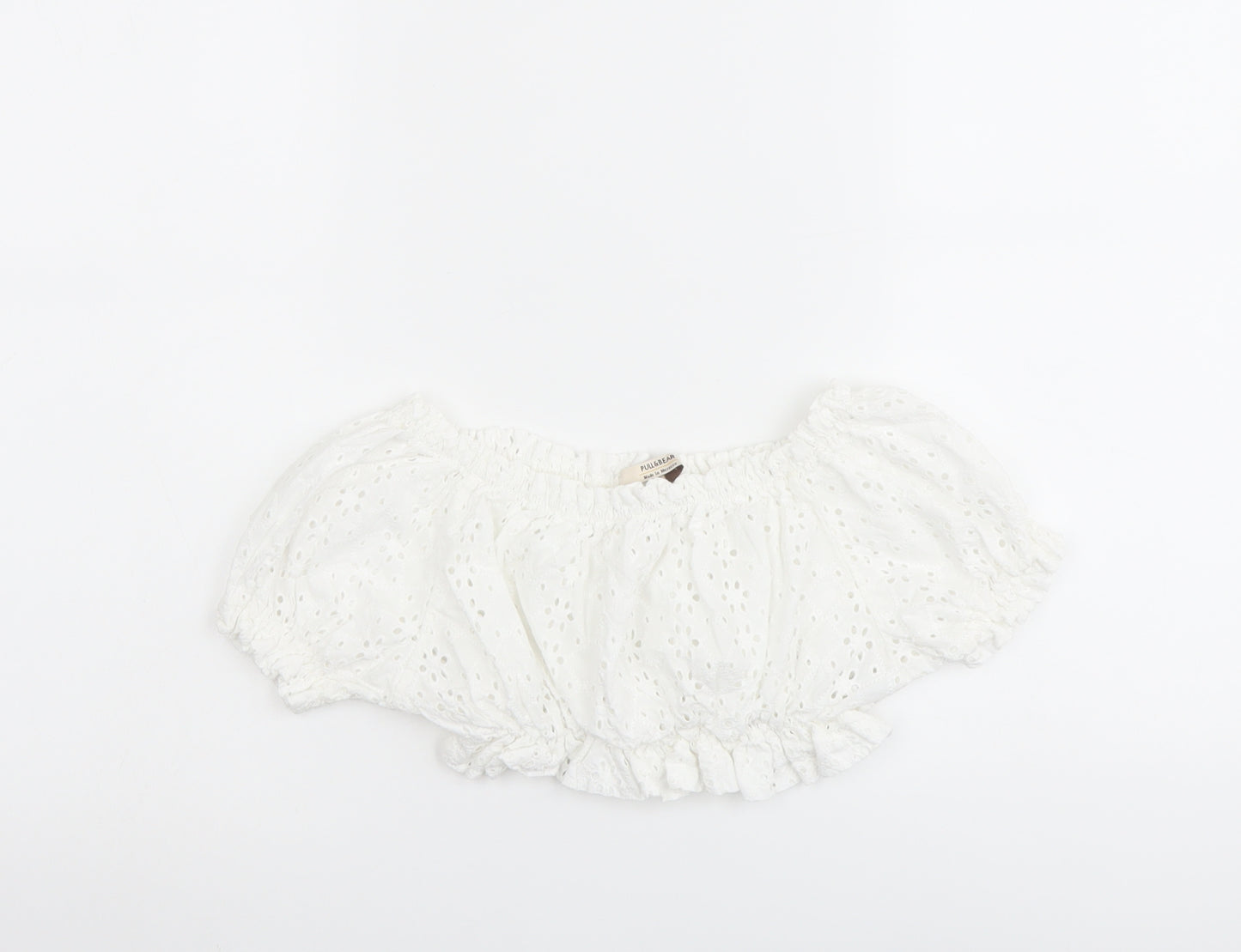 Pull&Bear Womens White Cotton Cropped Blouse Size S Off the Shoulder - Broderie Anglaise